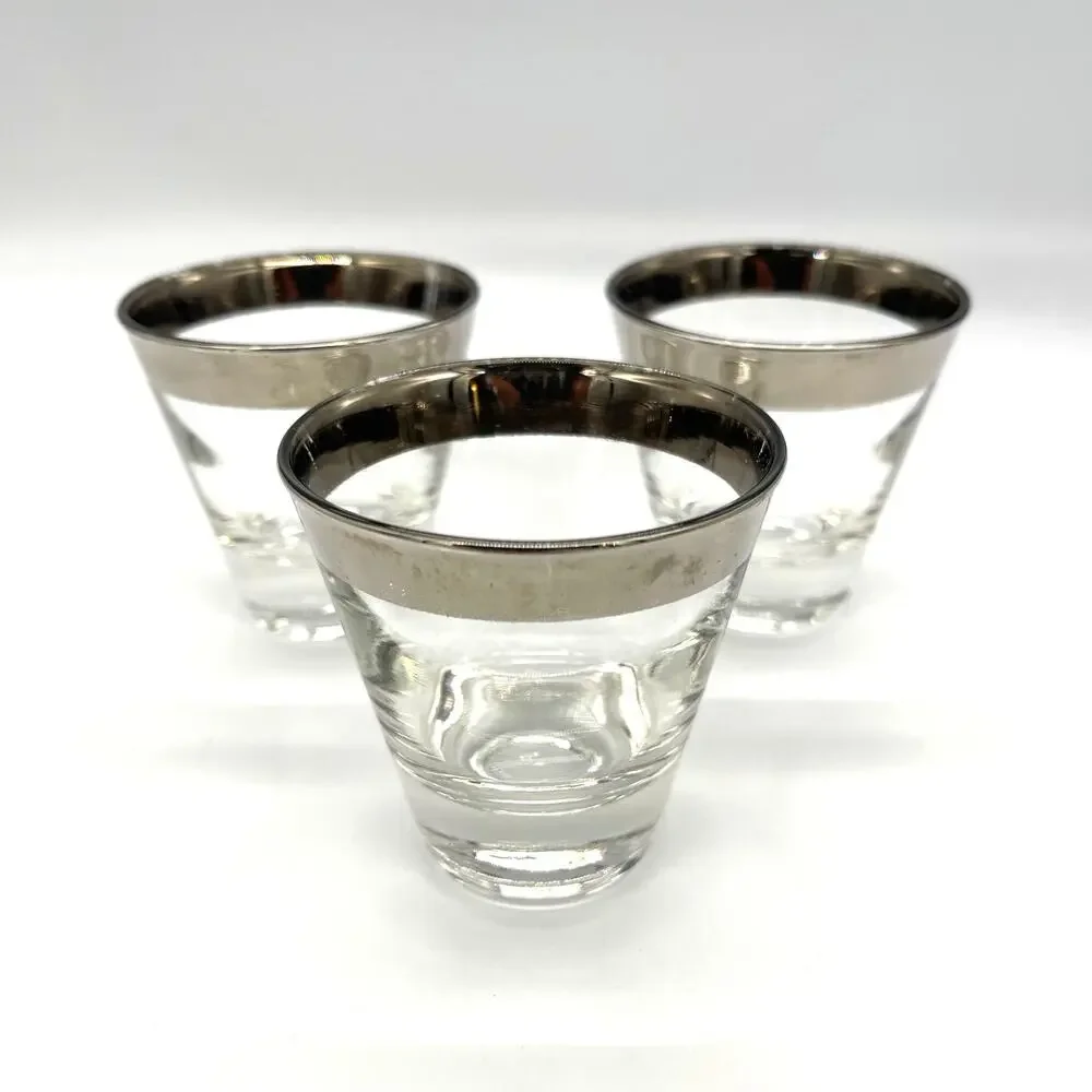 Vintage MCM Dorothy Thorpe Set of 3 Silver Rimmed Barware Shot Glasses 2.75